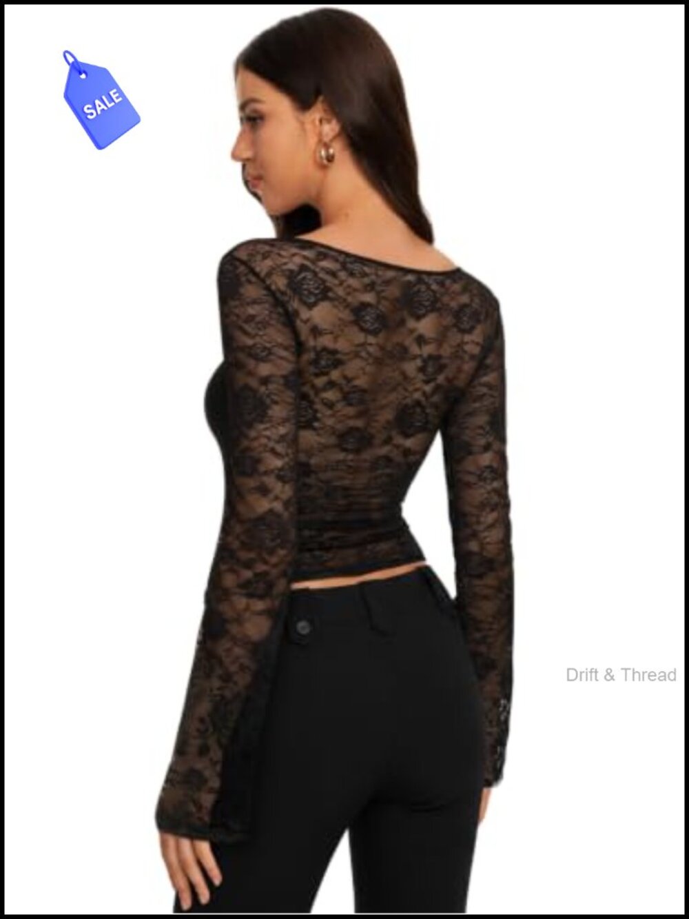 Women's Lace Going Out Top Long Sleeve Crew Neck Slim Fit Y2K Party Shirt - Picture 3 of 6